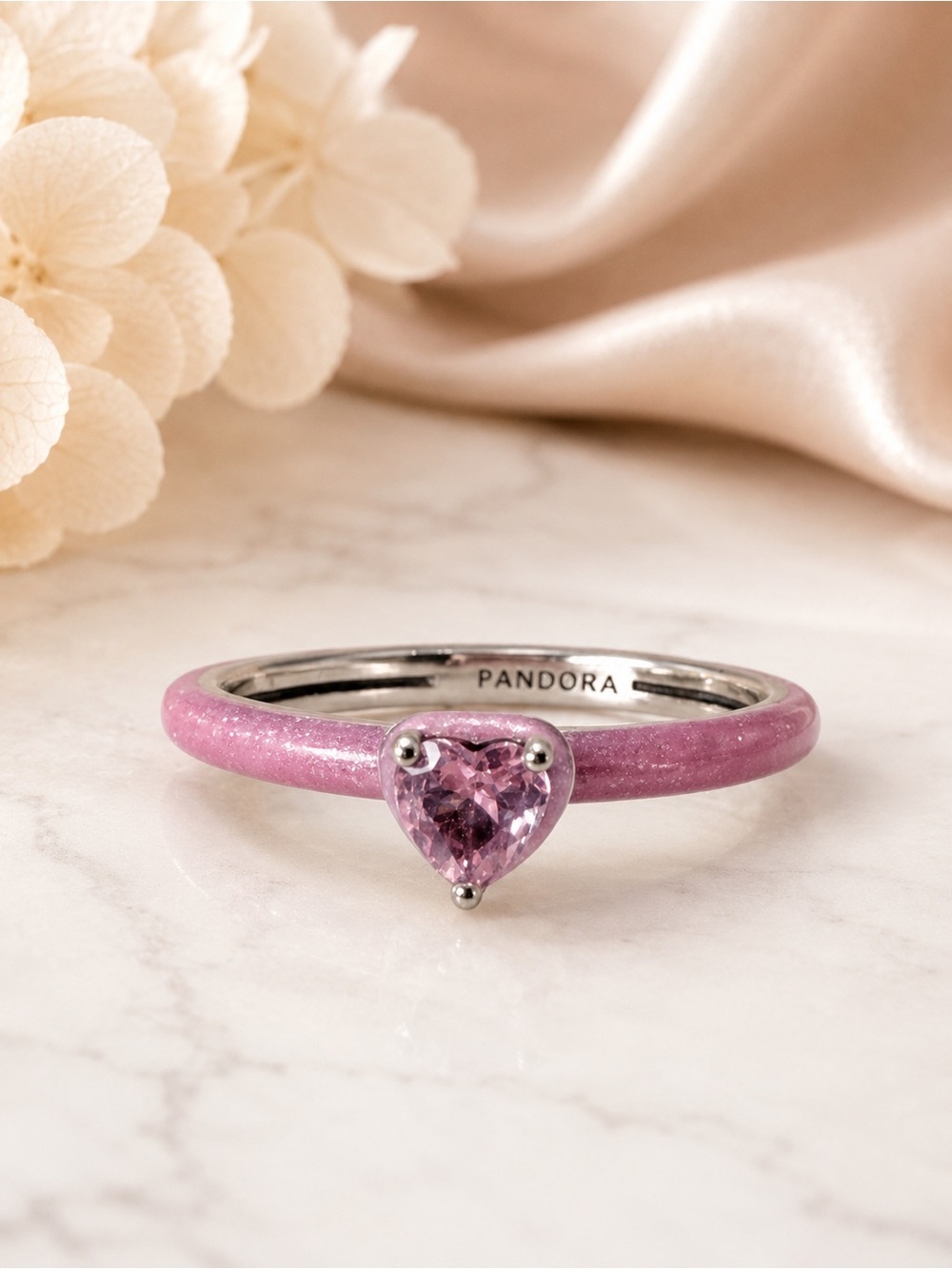 Pandora Pink Chakra Heart Ring Sterling Silver S925 ALE Pink Enamel. Size 8
